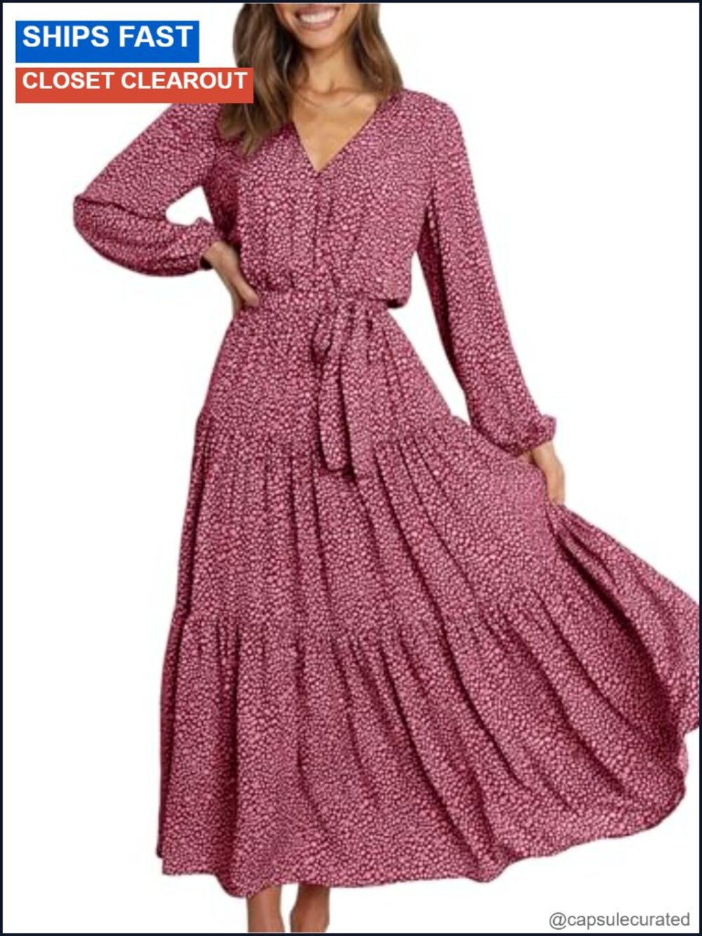 Womens Long Sleeve Boho Floral Wrap Maxi Dress V-Neck Tie Waist